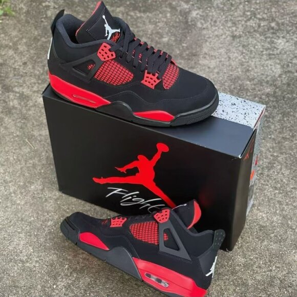 New DS Men's Air Jordan 4 Retro "Red Thunder" Sneakers - Bold Black & Red Jordan - Picture 1 of 5